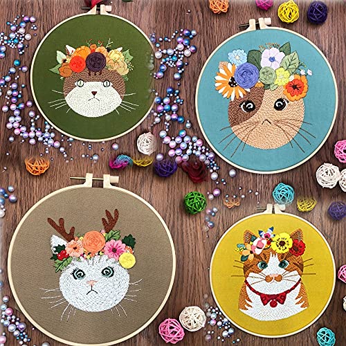 Mozzyyee Embroidery Starter kit, DIY Adult Beginner Embroidery Kits, Including Cloth with Cat Patterns, Colored Threads, Needles, Hoops and Instructions (Gray) - color: Gray