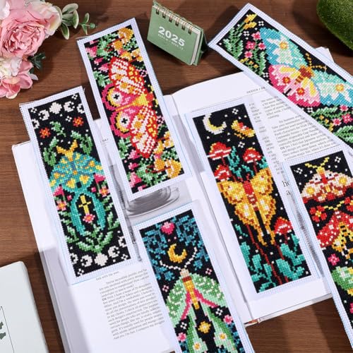 ORIGACH 6 Set Vivid Moths Cross Stitch Bookmark Kit for Beginner - style: Moths