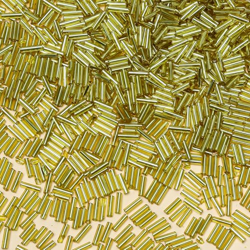 2000pcs Glass Bugle Beads, Tube Beads Bulk, Mini Long Tiny Small Waist Loose Spacer Embroidery Beaded for Bracelets Jewelry Making Sewing, Crafts, 2×6mm, Yellowish Green - color: Yellowish Green
