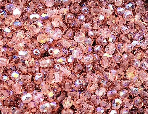 100 pcs of Faceted Fire Polished Pressed Czech Glass Beads 4mm (0.16in), 70120-28701 Pink Rosaline AB - color: Pink Rosaline AB