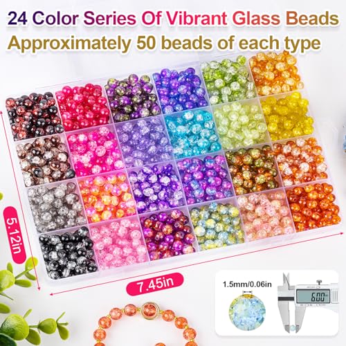 XSEINO About 1200+ PCS 6mm Cracked Style Glass Beads Bracelet Making Kit, 24 Assorted Colorful Crack Series Crystal Beads for Jewelry Making and DIY Crafts, Friendship Bracelets - color: Crack Glass Beads