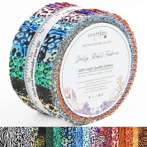 Craftido-20 Options-100% Cotton Jelly Roll Fabric Precut Strips for Quilting, Crafting, and Sewing, 40 Strips 2.5" x 44" Assorted Bundles for Rug, Quilt Project, DIY Craft and Home Decor-Fancy Animal - color: Fancy Animal