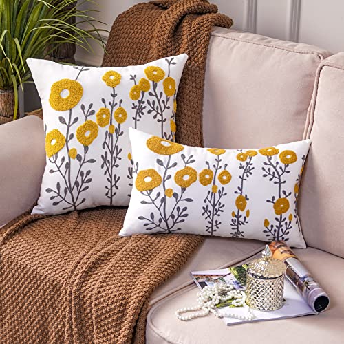 ARTMAGIC Yellow Lumbar Pillow Cover Embroidered Boho Flower Cushion Covers - color: Yellow 01, size: 20" x 12" (Pack of 1)