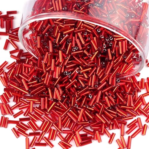 4000 Pcs Deep Red Glass Bugle Beads, 2 x 7 mm Embroidery Beads, Small Long Tube Seed Beads for Embroidery Craft Jewelry Making - color: Deep Red