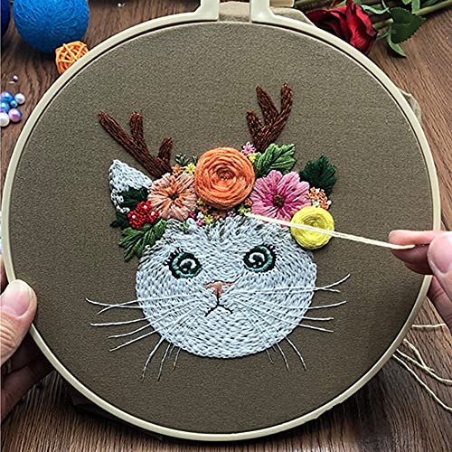 Mozzyyee Embroidery Starter kit, DIY Adult Beginner Embroidery Kits, Including Cloth with Cat Patterns, Colored Threads, Needles, Hoops and Instructions (Gray) - color: Gray