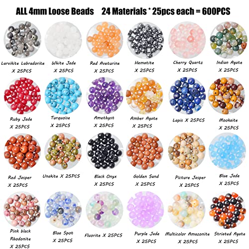 4mm Natural Mixed Materials Gemstones Beads Tiny Spacer Round Loose Beads Jewelry Making KIT with Thread and Needles 600 PCS(24 Natural, 4mm) - color: 24 Natural, size: 4mm