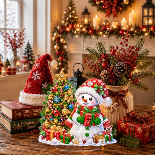 Eiflow Christmas Diamond Art Tabletop Kit for Adults Snowman Ornament, DIY Table Top Diamond Art Painting with Stand Acrylic Stand Up Gem Painting Board Kit - color: Snowman