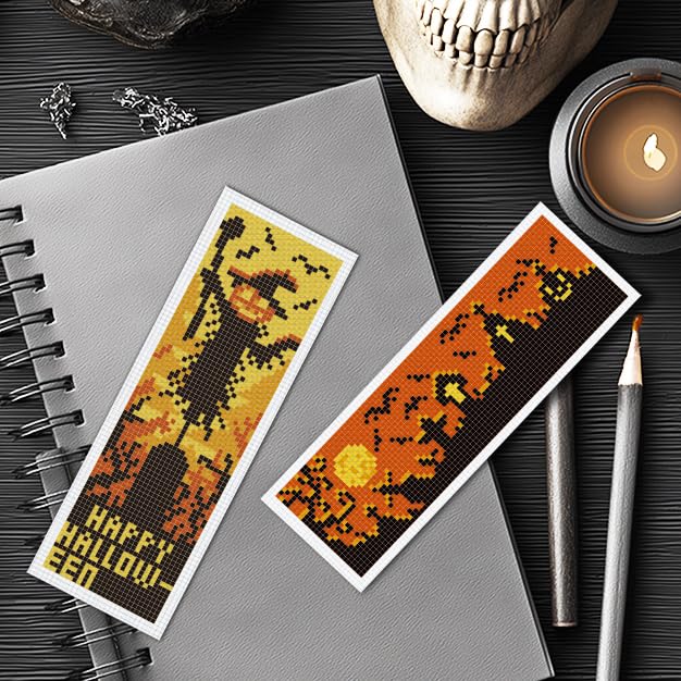 INFUNLY Halloween Cross Stitch Bookmarks Kit Evil Pumpkin Handmade Cross Stitch Bookmarks Skeleton Ghost Embroidery Bookmark Trick or Treat DIY Cross Stitch Set with Instruction for Adults Book Lover - style: 6PCS Halloween