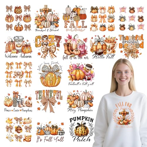 Fall Dtf Transfers Ready to Press - 20Pcs Falueqg Fall Bow Iron on Transfers for Tshirts, Pumpkin Bowknot Iron on Decals Patches, Hello Autumn Coquettee Bow Heat Stickers for DIY Clothes Bags Piilows - color: Fall661