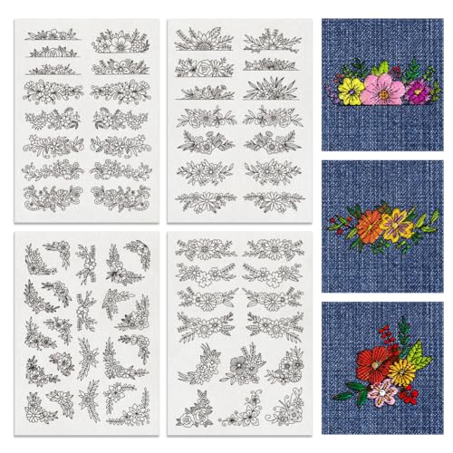 BENECREAT 4Steets 65Pcs Water Soluble Embroidery, 11.7x8.3inch Flower Pattern Transfers Water Soluble Stabilizer for Embroidery Stick and Stitch Embroidery Designs - color: Flower