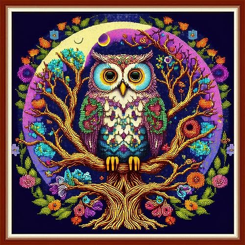Dimensean Stamped Cross Stitch Kits Full Range of Embroidery Patterns Starter Kits for Beginners Adult DIY Cross Stitches Needlepoint Kits 11CT-Colorful Owl 17.7x17.7 inch - color: Pattern Style 08