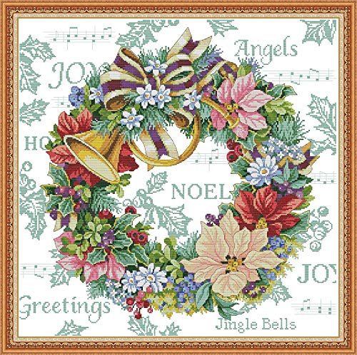 ITSTITCH Printed Cross Stitch Kits 11CT 27X27 inch DIY Embroidery Starter Kits Easy Patterns Embroidery for Girls Crafts DMC Stamped Cross-Stitch Supplies Needlework Honliday Wreath - color: Honliday Wreath 27x27 inch