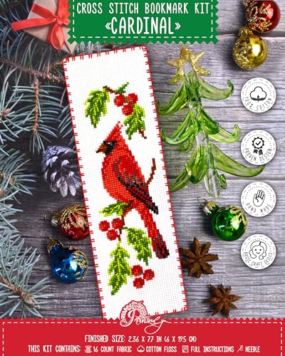 Povitrulya Cardinal - Counted Cross Stitch Bookmark Kit - DIY Embroidery Set - Hand Made Gift for Adultss with a Redbird Sitting on a Christmas Mistletoe - color: Cardinal