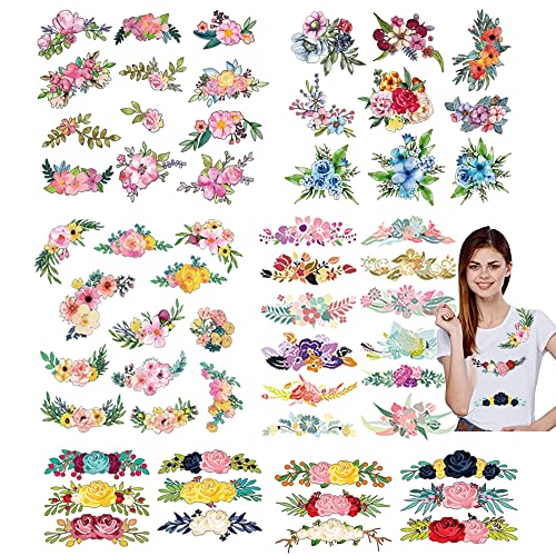Flower Iron on Patches Heat Transfer Stickers for Clothing Cute Floral Applique for T Shirts Bags Decorations 57 Pcs Iron on Vinyl Decals for Household Irons or Heat Press Machine - color: Flower