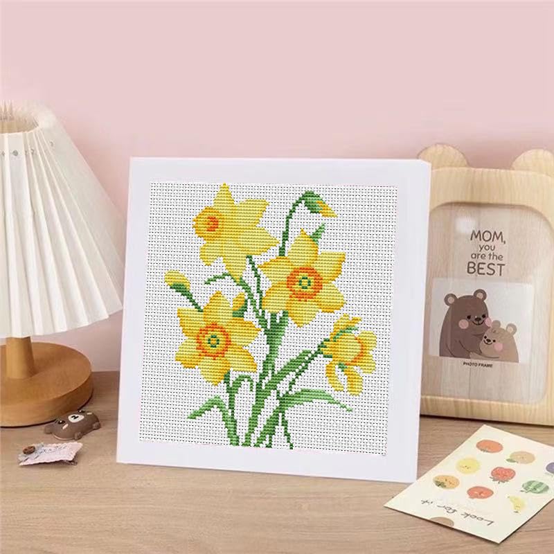 Daffodil Stamped Cross Stitch Kits for Adult Beginner with Wooden Frame - color: Daffodils Cross Stitch with Framed
