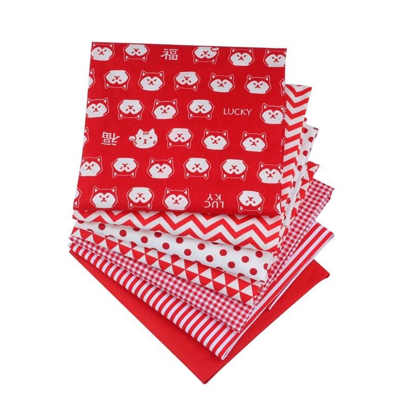 AMORNPHAN Red Fox Series Dot Stripes Cartoon Printed 100% Cotton Quilting Bundles Fabric for Patchwork Needlework DIY Sewing Crafting Precut Face Mask 16x20 Inches (40x50cm.) Set of 7 Pieces (Red) - color: Red