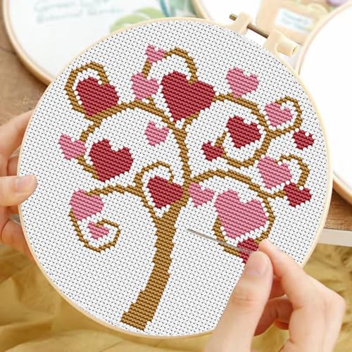 TCDZMYGS Stamped Cross Stitch Kits for Beginners-Tree of Love,with Hoop - color: Love Tree-2603