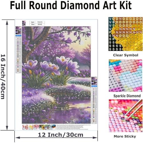 WCHUIMM Purple Flower Diamond Painting kit for Adults Spring Paint with Diamond Art Landscape, Round Full Drill Crystal Rhinestone Crafts Gem Arts for Home Wall Decor 12x16Inch - color: Purple Flower