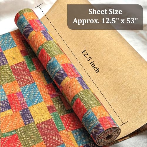 SorenCut Cork Fabric Roll 12 x 52 Inch – Colorful Squares Print Cork Leather Fabric for Earrings, Bow Making, Bags, Wallets & DIY Sewing Projects – Vegan Leather Alternative Craft Sheet - color: Colorful Squares