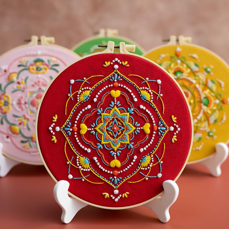 Qupace 3 Pcs Boho Embroidery Kits for Beginners Adults,Red Cross Stitch Sewing Craft Set with 3 Embroidery Hoops & 3 Finished Stands, Floral Pattern Needlework Kit - color: Red