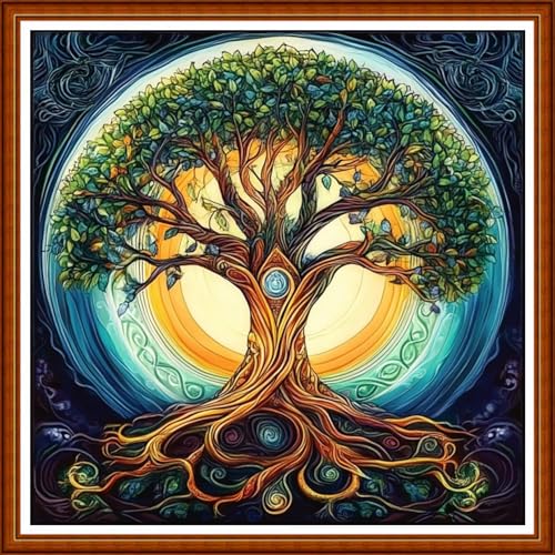 Redxing Counted Cross Stitch Kit for Beginners,Unprinted Needlepoint Kits for Beginners Cross Stitching Embroidery Kit 11CT Stitches kit-Magic Tree 18x18 inch - color: SetColor20