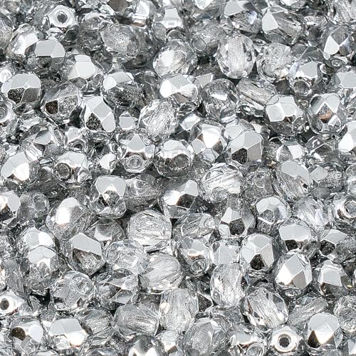 100 pcs of Faceted Fire Polished Pressed Czech Glass Beads 4mm (0.16in), Crystal Silver Aluminum Labrador 00030-27001 BCV - color: Crystal Silver Aluminum Labrador