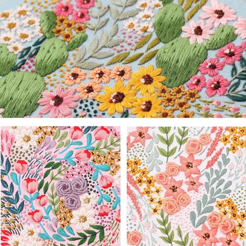 Smart-Feather 3 Pcs Flower Embroidery kit for Beginners, Embroidery Stitch Practice Kits for Adults with Hoop, DIY Art Project Craft Kit (Flower Stitches), size:b - style: Flower Stitches