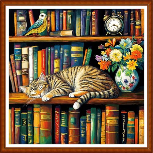 Funart Stamped Cross Stitch Kits for Beginners Full Range of Cross Stitching Preprinted Embroidery Kits for Adults, 11CT Embroidery Pattern Needlepoint Kits-Bookshelf Cat Flowers 18x18 inch - color: ColorArt61