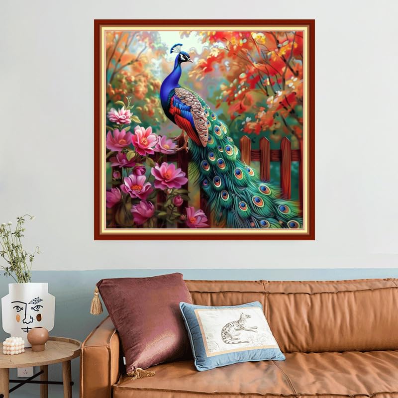 Joyhoor Stamped Cross Stitch Kits for Beginners, Needlepoint Kits for Adults, 11CT Counted Embroidery Kits-Peacock Flowers 18x18 inchs - color: Artstyle08