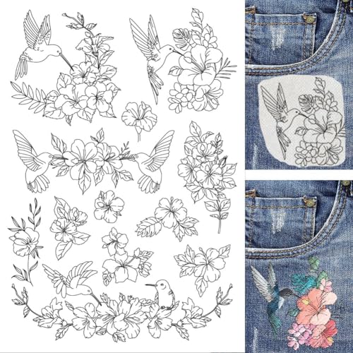 BENECREAT 4Sheets 60Pcs Hibiscus Hummingbird Water Soluble Embroidery, 11.7x8.3inch Stick and Stitch Embroidery Paper Stabilizer Water Soluble Hand Sewing for Shirts, Coats, Bags - color: Hibiscus and Hummingbird