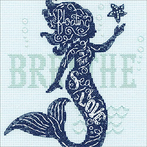 Dimensions Mermaid Counted Cross Stitch Kit for Beginners, 14 Count Light Blue Aida, 6''X6'' - color: Mermaid