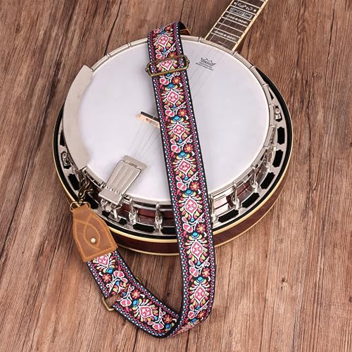 Nefelibata Banjo Strap,2"Wide Double Crazy Horse Leather Jacquard Embroidery Strap Adjustable Replacement,Multi-pattern Strap With Metal Clips - color: A#-embroidery Red