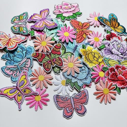 39Pcs Embroidered Iron On Patches, Butterfly Peony Daisy Iron on Patches Set, Colorful Applique Patches for Clothes Jackets Jeans Backpacks - color: Butterfly Peony Daisy