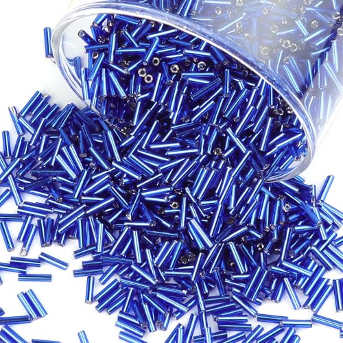 4000 Pcs Dark Blue Glass Bugle Beads, 2 x 7 mm Embroidery Beads, Small Long Tube Seed Beads for Embroidery Craft Jewelry Making - color: Dark Blue