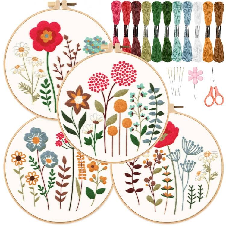 ORIGACH 4 Pack Flowers Embroidery Kits for Beginners, DIY Starter Hand Embroidery Kit with Floral and Plants Patterns and Instructions for Adults Women Crafting - color: Flowers