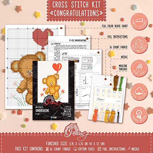 Povitrulya Cross Stitch Kit for Baby Boy “Congratulations!” - Teddy Bear Embroidery Set fors - color: Congratulations!