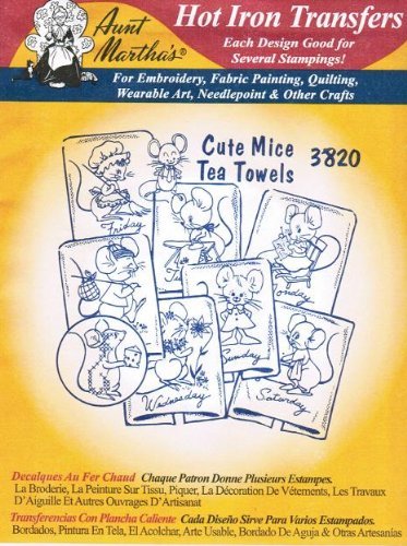 Aunt Martha's Hot Iron Embroidery Transfer 3820 Days of the Week Cute Mice Tea Towels