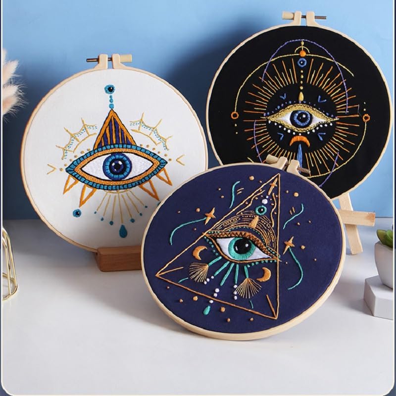 Konrisa 3 Pcs Embroidery Kits with Tarot Cards and Eyes Pattern, Stamped Embroidery Starter Kit for Beginners Adults Needlepoint Kits DIY Sewing Cross Stitch Practice Kit Home Decoration - color: eyes