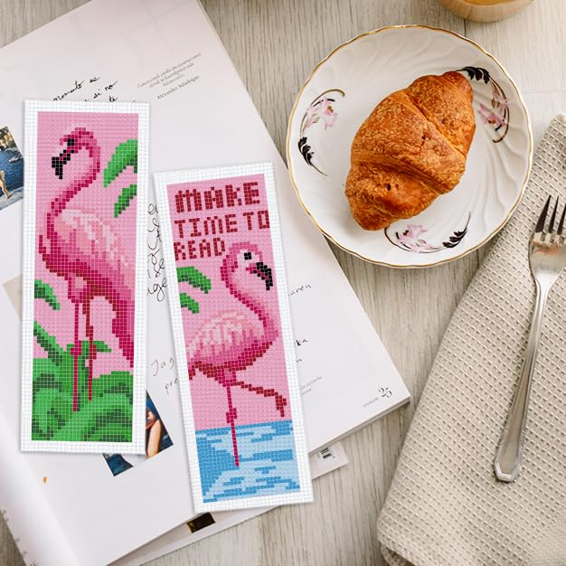 INFUNLY 6PCS Flamingo Cross Stitch Bookmarks Kit Pink Handmade Cross Stitch Bookmarks Make Time to Read DIY Cross Stitch Bookmark Set with Backing Felt Floss Instruction for Adult Book Lovers - style: 6PCS Flamingo