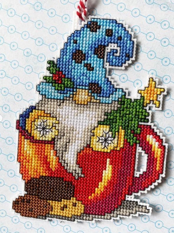 Counted Cross-Stitch Kit on Plastic Canvas with Christmas Gnomes. 4 Christmas Ornaments Same Dimensions 138CS. 14 Count Plastic Canvas Sheets 8.27x11.02 Inches. Perfect for Art & Needlework Amateurs - color: Gnomes