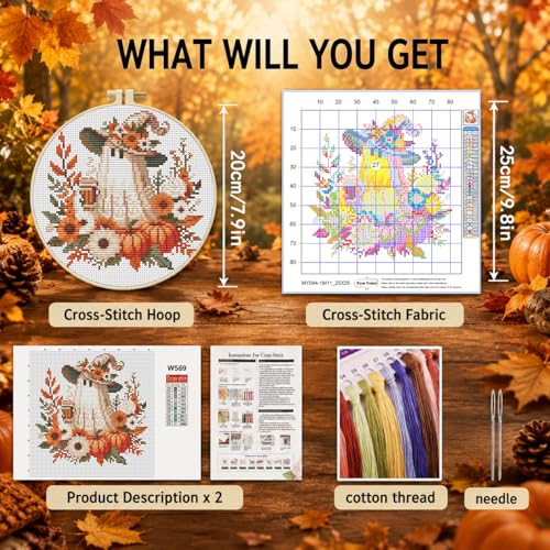 VIGEGU Ghost Stamped Cross Stitch Kits for Adults Beginners with Hoop Frame - color: Ghost Cross Stitch with Framed