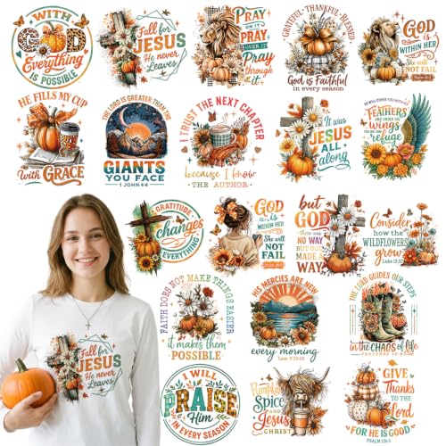 Dazoratix Fall Christian Iron on Transfers - 20 Sheets Religious Autumn DTF Ready to Press Bible Verse Jesus Pumpkin Heat Patches Faith Stickers Vinyl Decals for T Shirts Clothes Pillow Bag DIY Crafts - style: Fall Christian