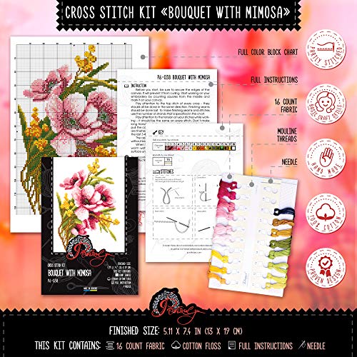 Povitrulya Flower Embroidery Kit 'Bouquet with Mimosa' - DIY Cross Stitch Set for Engagement, Graduation, Mother's Day Gift - color: Bouquet with Mimosa