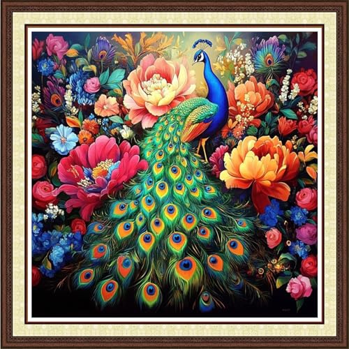 Findvoor Counted Cross Stitch Kits for Adults Full Range of Cross Stitching Embroidery Unprinted Pattern for Beginners, 11CT Needlepoint Kit Patterns Embroidery Kits-Colorful Peacock Flower 18x18 inch - color: ColorCraft14