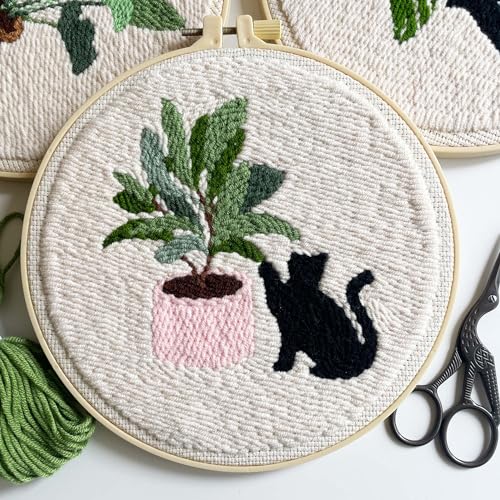 Myfelicity Punch Needle Kit for Adults, Beginners, Cat and Greenery Patterns, Includes Punching Needle Supplies - color: Cat