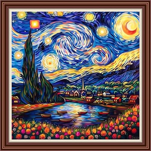 Dimensean Counted Cross Stitch Kit for Beginners, 11CT Unprinted Cross-Stitch Kit Easy Patterns Needlepoint Kit Cross Stitching Embroidery Kit Supplies-Van Gogh's Starry Night View 18x18 inch - color: Patterns06