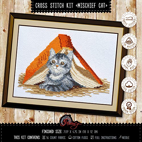 Counted Cross Stitch Kit 'Mischief Kitten' DIY Embroidery Set with Counted Gray Tabby Cat Pattern