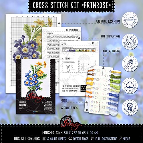Primrose Counted Cross Stitch Kit - Floral DIY Embroidery Set for Adult - color: Primrose