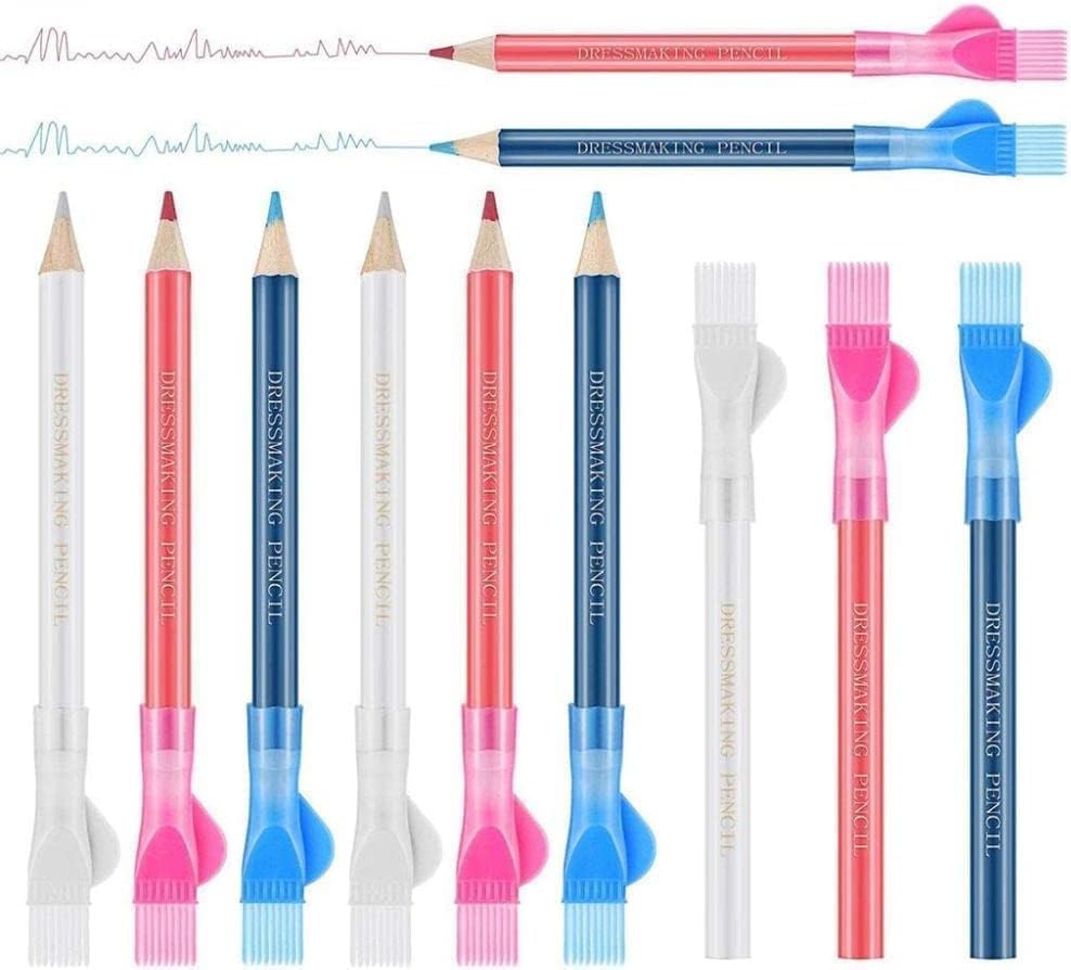 3Pcs Blue White Red Sewing Fabric Pencils,Tailor 's Mark Chalks Fabric Chalk Pens,Fabric Marking Pencil with Cover Brush Dressmaker Tracing Tools,Sewing Marking and Tracing Tools,Sewing Tools