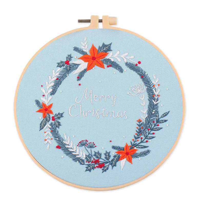 Amiiba Embroidery Starter Kit with Christmas Wreath Pattern, DIY Full Range Stamped Embroidery Cross Stitch Kits for Beginners Adults (Christmas Wreath) - color: Christmas Wreath
